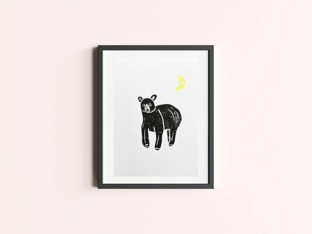 Moonlit Bear Lino Cut Art Print - A4 Black Bear Print