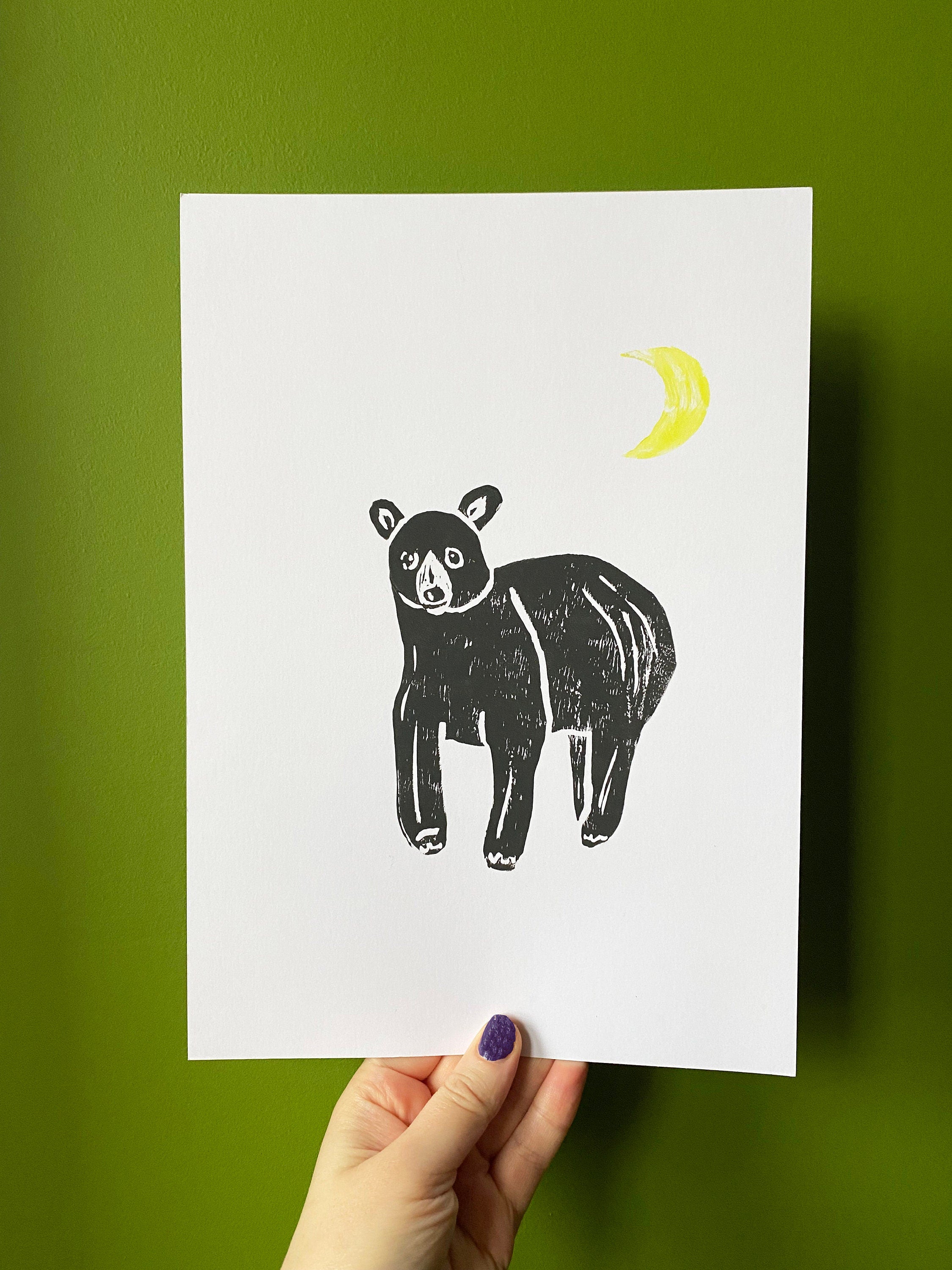 Moonlit Bear Lino Cut Art Print - A4 Black Bear Print